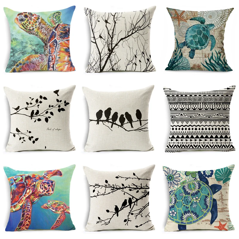 

2019 Scape Cushion Cover Cotton Linen Birds Plants Turtle Black Scenery Home Decorative Pillows Cover for Sofa Pillowcases