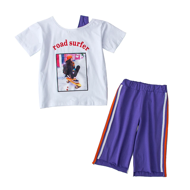 

High Quality 2019 new summer girls cotton off-the-shoulder short-sleeved T-shirt + five-pants. 5-9Y Sports Hot Set