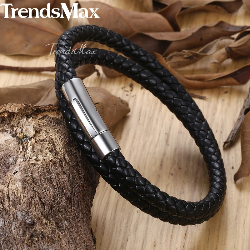 Unique 4/6mm Men's Leather Bracelet Braided Strand Stainless Steel