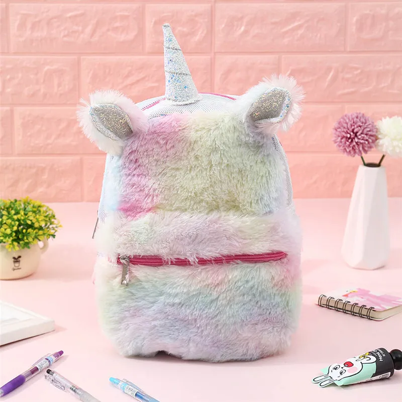 

2019 Unicorn Backpack Bags For Women 2019 Winter Faux Fur Small Bagpacks Hologram Leather Teenager Schoolbag Mochila Feminina
