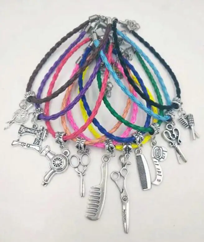 

Sewing Charm Collection Spool of Thread Sew Sewing Machine Scissors Tape Measure Bracelet Summer style Leather Cord Bracelet