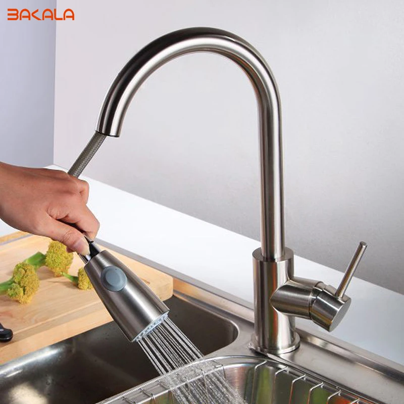 BAKALA Newest Pull out Spray Kitchen Faucet Mixer Tap brushed nickel