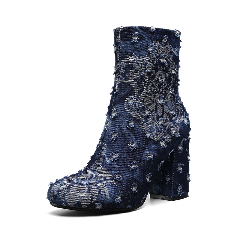 2019 Autumn Winter Women Ankle Boots Print Broken Denim Round Toe High Heels Fashion Ladies Martin Boot Shoes