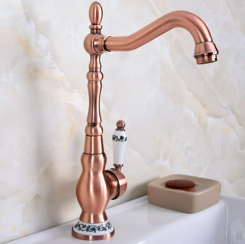 Antique Red Copper Brass Single Ceramic Lever Base Bathroom Kitchen Basin Sink Faucet Mixer Tap Swivel Spout Deck Mounted mnf640