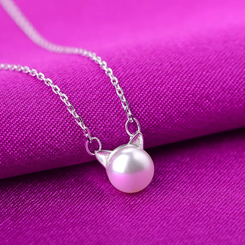 

925 Sterling Silver Jewelry Pearl Cat Link Chain Necklace For Women collares kolye bijoux femme Choker Necklace DZ761