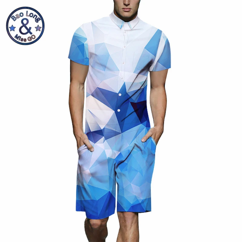 

Mr.BaoLong Mens Rompers Blocks Print 3d Jumpsuits 2019 Summer Men Set Beach Party Cargo Overalls One Piece Playsuit