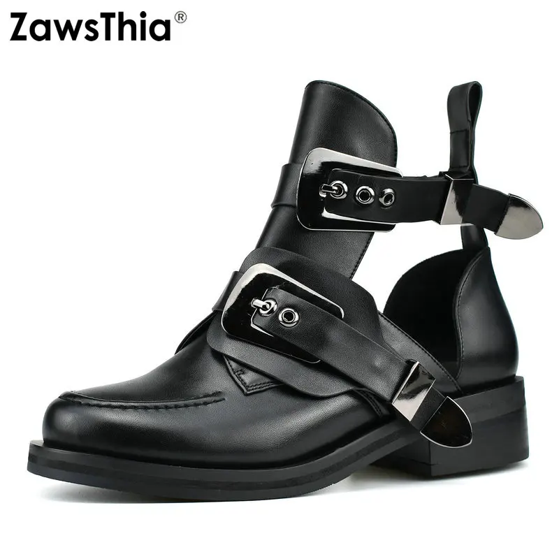 

ZawsThia fashion punk black buckle strap cut out boots for women high quality stylish woman casual shoes female ankle booties