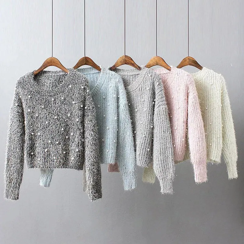 

Women's Beading Pearl Fluffy Sweater Crop Top O neck Knitted Slim Pullover 2018 Autumn Winter Warm Fashion Casual Woman Sweaters