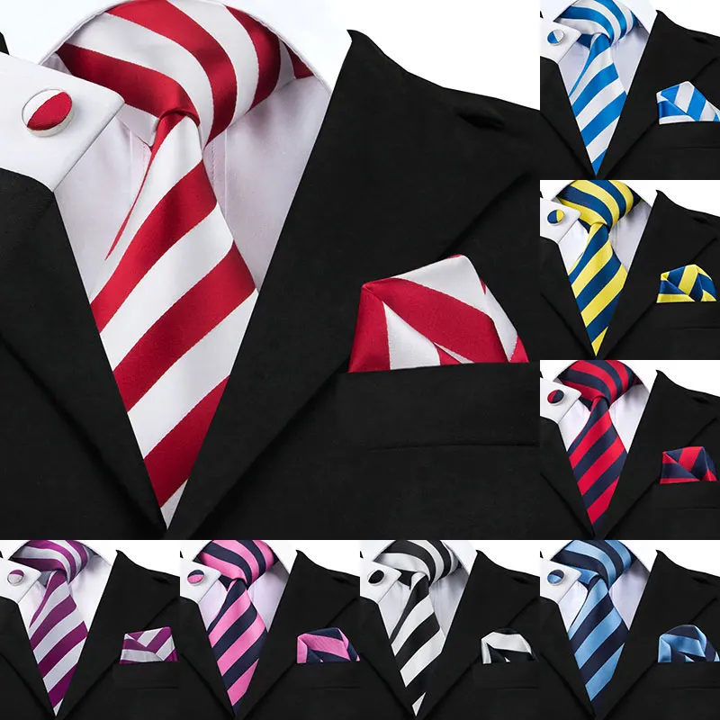 New Hot Selling  White Red Striped Tie+Hanky+Cufflinks Set Men