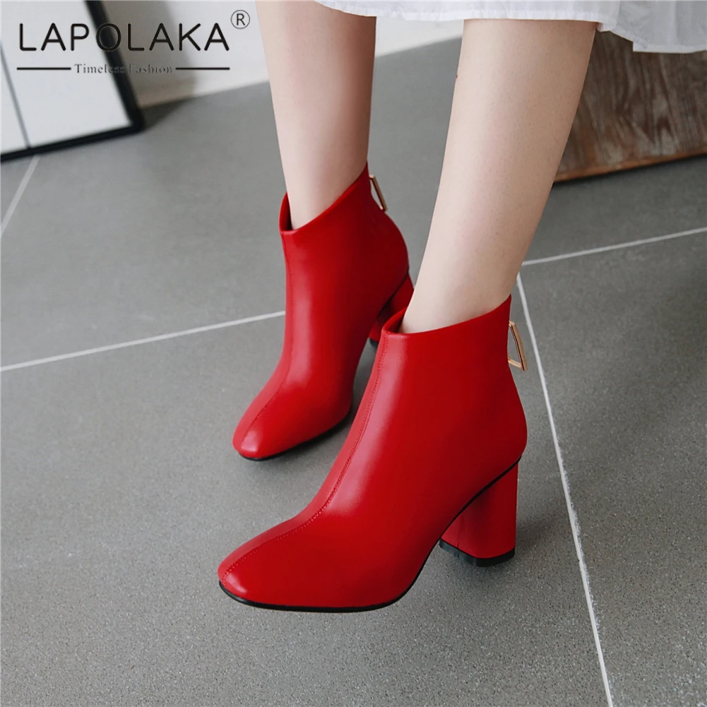 

Lapolaka New Dropship Plus Size 32-48 High Quality Chunky Heels Shoes Woman Boots Female Zipper Black Red Boots Woman Shoes