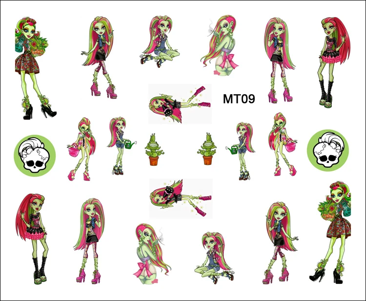 

1 Sheet Nail MT09 Monster High Green Venus Mcflytra Cartoon Skull Nail Art Water Transfer Sticker Decal Sticker For Nail