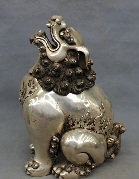 

14" Chinese Silver Buddhist Foo Fu Dog Lion PiXiu Statue Incense Burner Censer