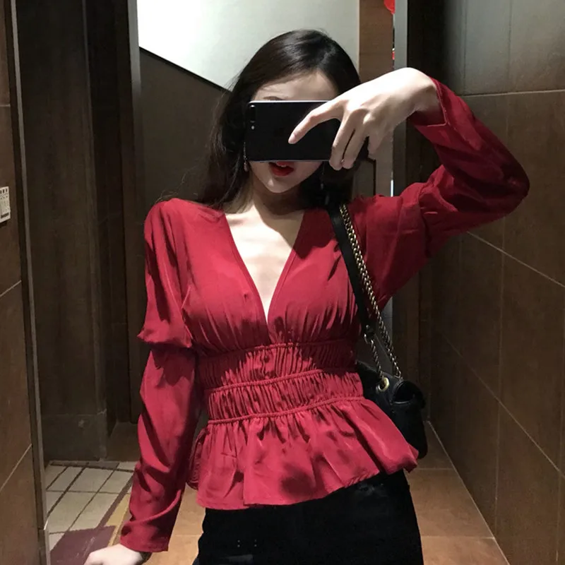 Woherb, новая летняя винтажная блузка, модная, морщинка, v-образный вырез, женские топы, полный рукав, сексуальная Женская Корейская блуза 74700