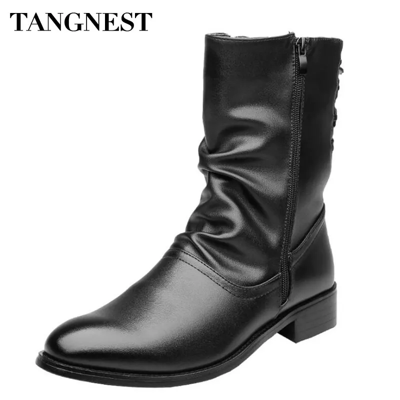 

Tangnest NEW 2018 Men's Motorcycle Boots Casual Cow Split Leather Mid-Calf Boots Men Winter Fur Boot Low Heel Shoes Man XMX938