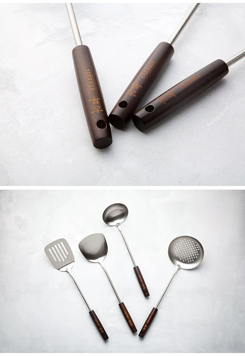 TUUTH 1Pcs Stainless Steel Cooking Tools Wooden Handle Spatula Colander Spoon Potato Presser Dinnerware Tableware Kitchen Tools B9