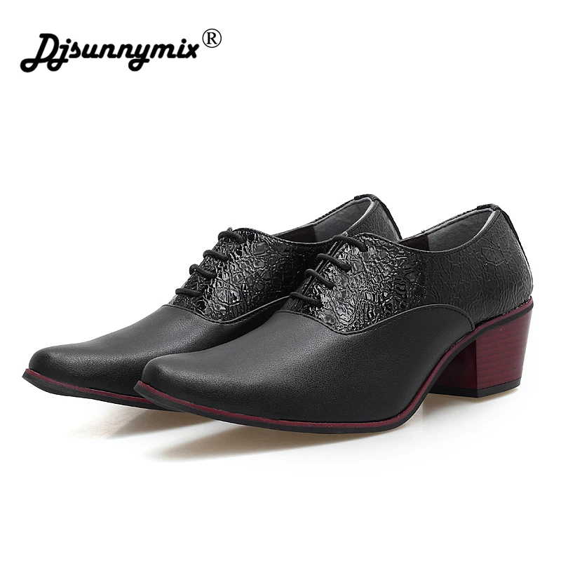 

DJSUNNYMIX Men Leather Shoes high heel 6cm Casual Oxford Shoes For Men Dress Shoes Brogue Wedding Shoes Party Sapato Masculino