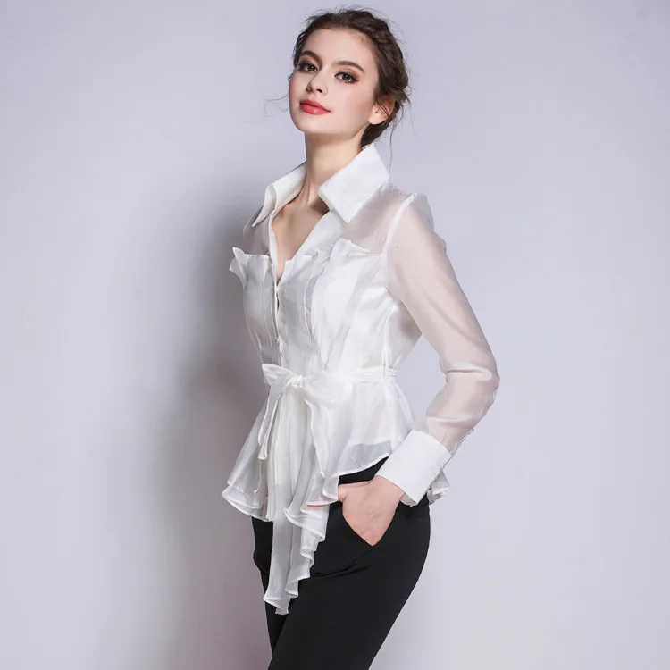 

Tencel Cotton Patchwork Women Solid Shirts 2019 Spring Belt Long Sleeve Fold Irregular Blouses Black White Jc2722