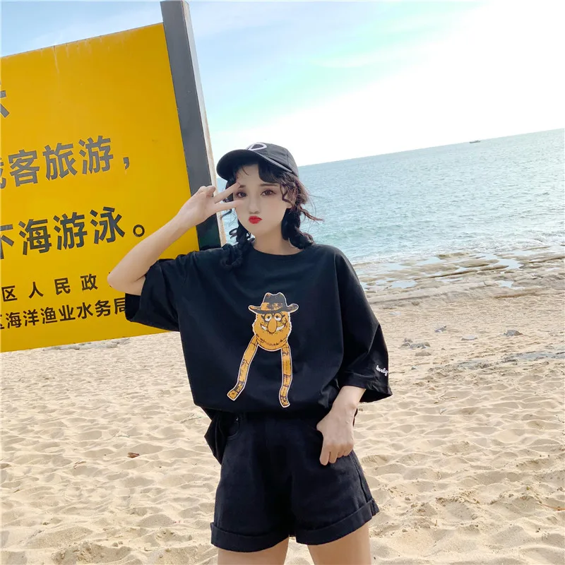 Женская свободная футболка с коротким рукавом больших размеров, Клубные вечерние футболки в Корейском стиле с принтом медведя, Футболка женская
