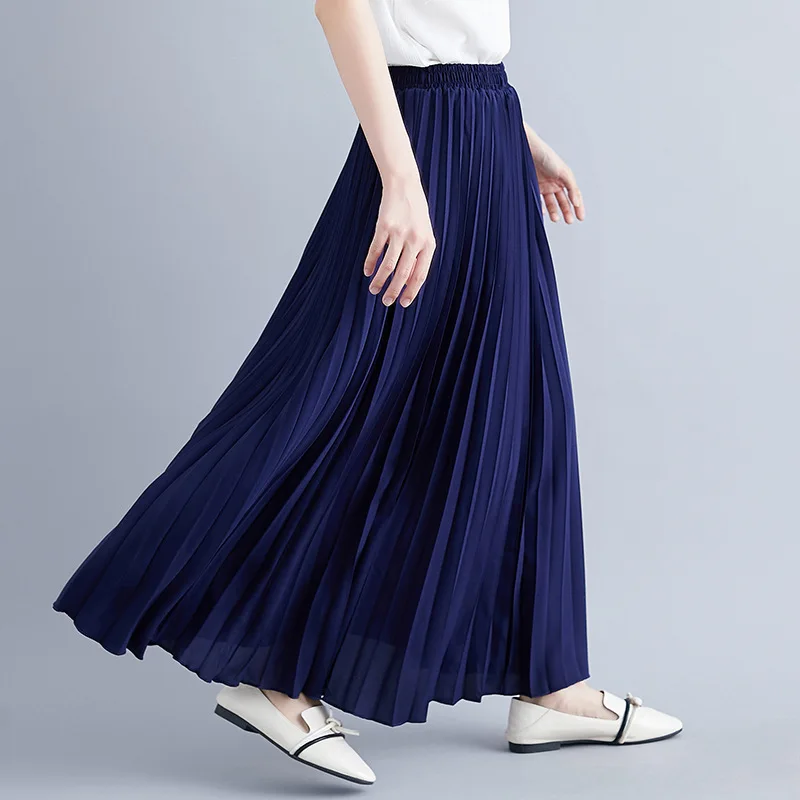 

Women Casual Chiffon Maxi Skirt Summer Autumn Multi Colors Korean Fashion Flared Elastic High Waist Long Pleated Skirts
