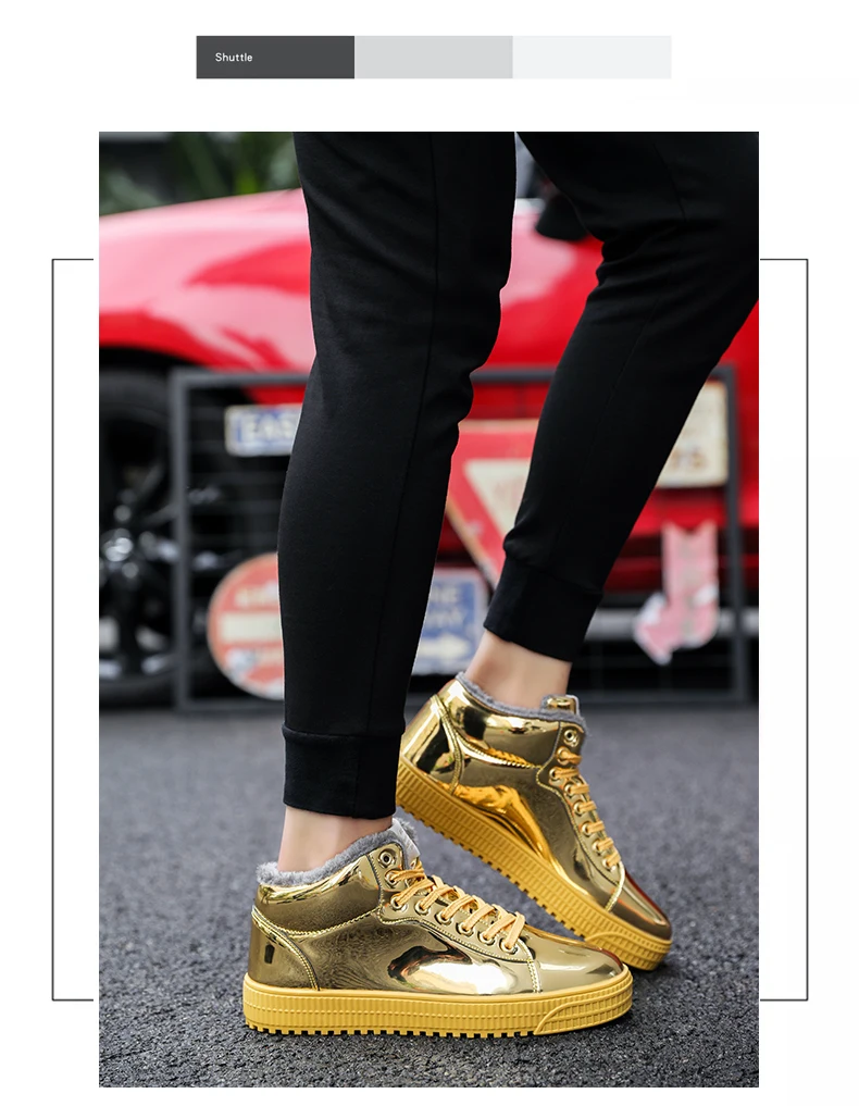 TYDZSMT Women Vulcanized Shoes Short Plush Warm Sneakers Ladies Lace-up Basket Shoes Bling Mirror Leather Flat Gold Shoe