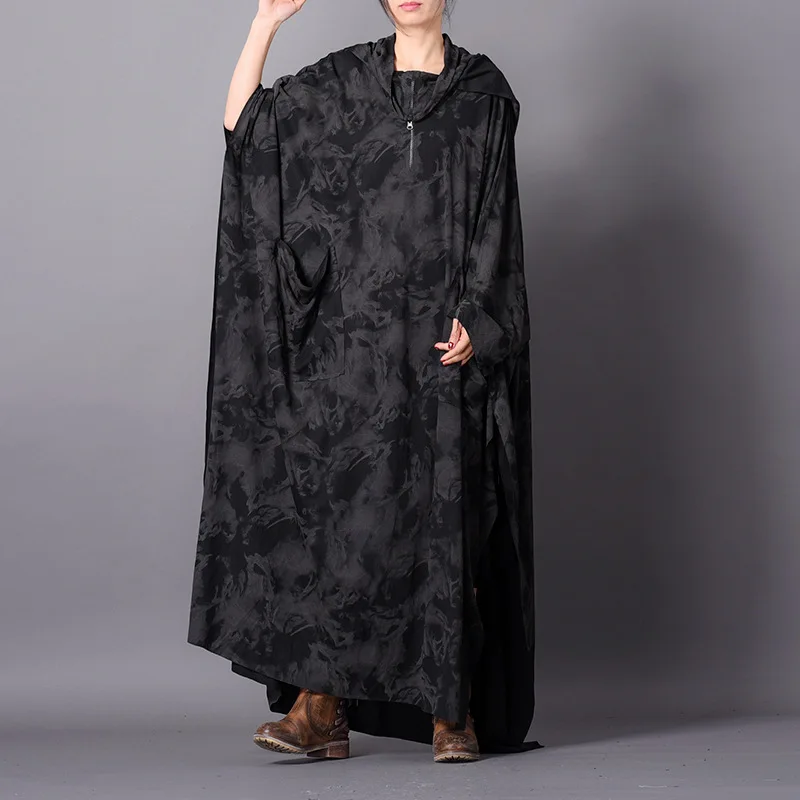 

New --2019 female new spring and summer plus plus size original design long hooded print Irregular split loose dress