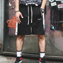 Веревка Тянущая эластичная талия соединены уличная пуговицы Сторона Сплит открытый полосатый хип хоп Трек Черный Белый Мужские шорты