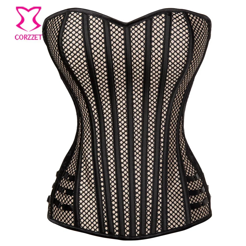 

Sexy Women Beige Satin Fish Net Overbust Corset Lace up Busiter Shapewear Outfit Waist Trainer Slimming Cincher Corselet