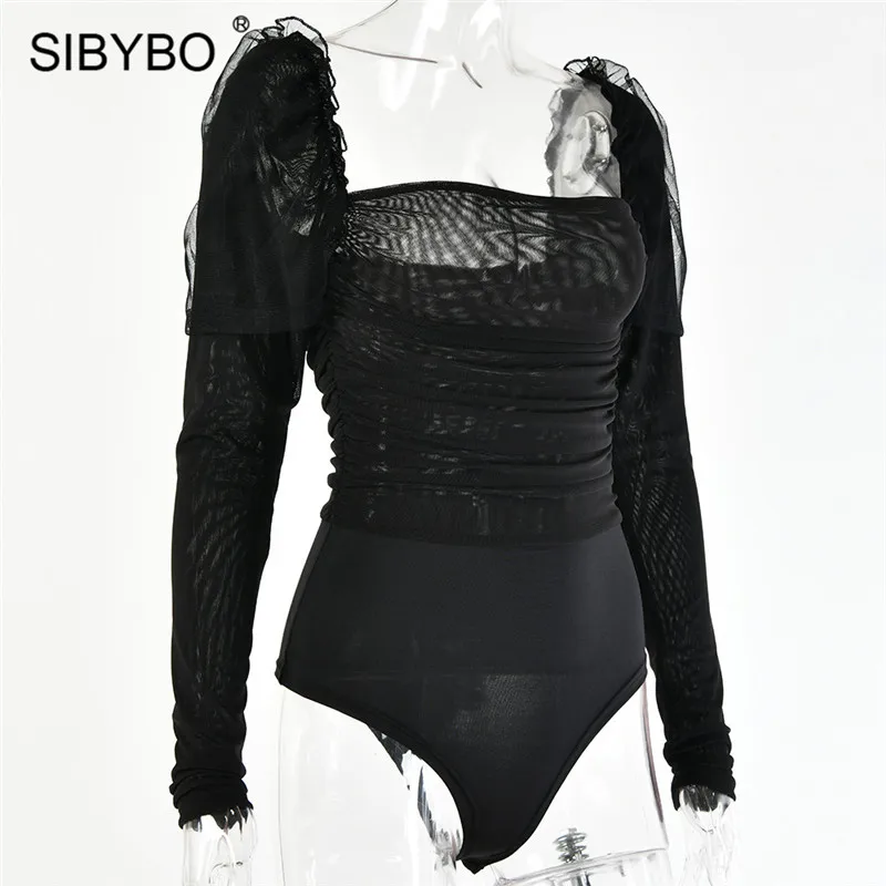 Sibybo сетки прозрачные узкие сексуальное боди Для женщин с длинными рукавами блуза с прямоугольным воротником летняя Для женщин Комбинезоны Черный Повседневное Женское боди