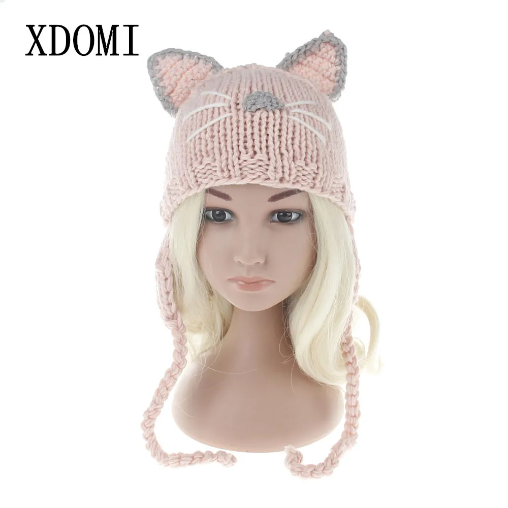 Xdomi Новинка детская зимняя Шапка WOOL KNIT BEANIE Skullies для мальчиков и девочек прекрасный кот уха дети Шапки Открытый Теплые шапки