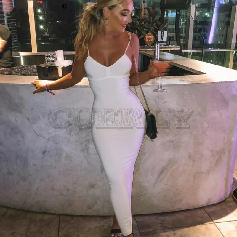 Image CUERLY Sleeveless CUERLY Strap Long Dress Women Fashion V Neck Backless Summer Bodycon Dress Beach Sexy Party Dress Maxi