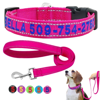 

Custom Dog Collar Leash Personalized Embroidered Nylon Dog Collars Lead Reflective Pet Puppy Name Number Collar Adjustable