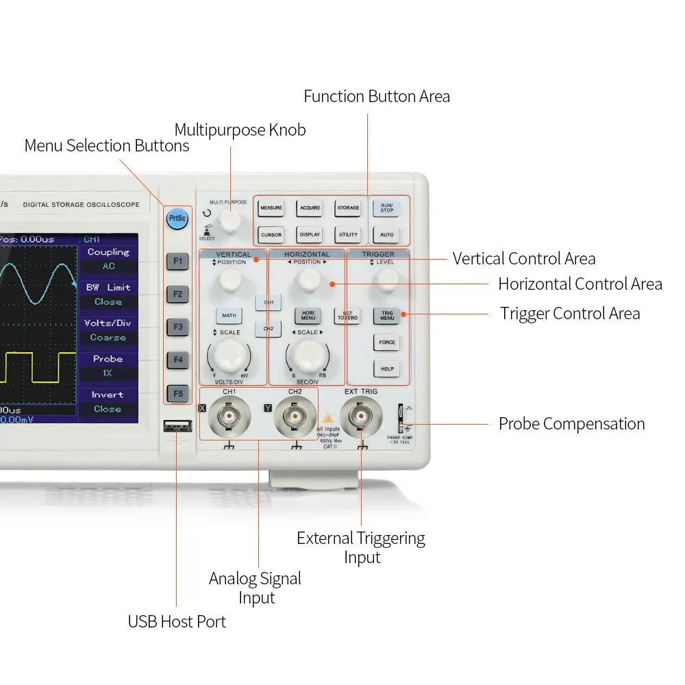 UTD2052CL цифровой осциллоскоп накопительныe осциллографы 2CH 50 МГц 500 мс/с Oscillometer 7 дюймов TFT Дисплей 28 параметры формы волны