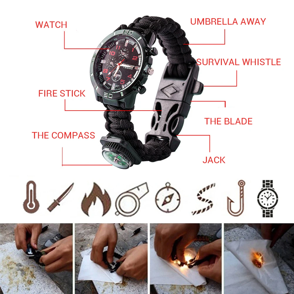 Открытый Многофункциональный наручные часы Браслет свисток Компас Мода выживания кемпинг спасательная Веревка Плетеный Браслет