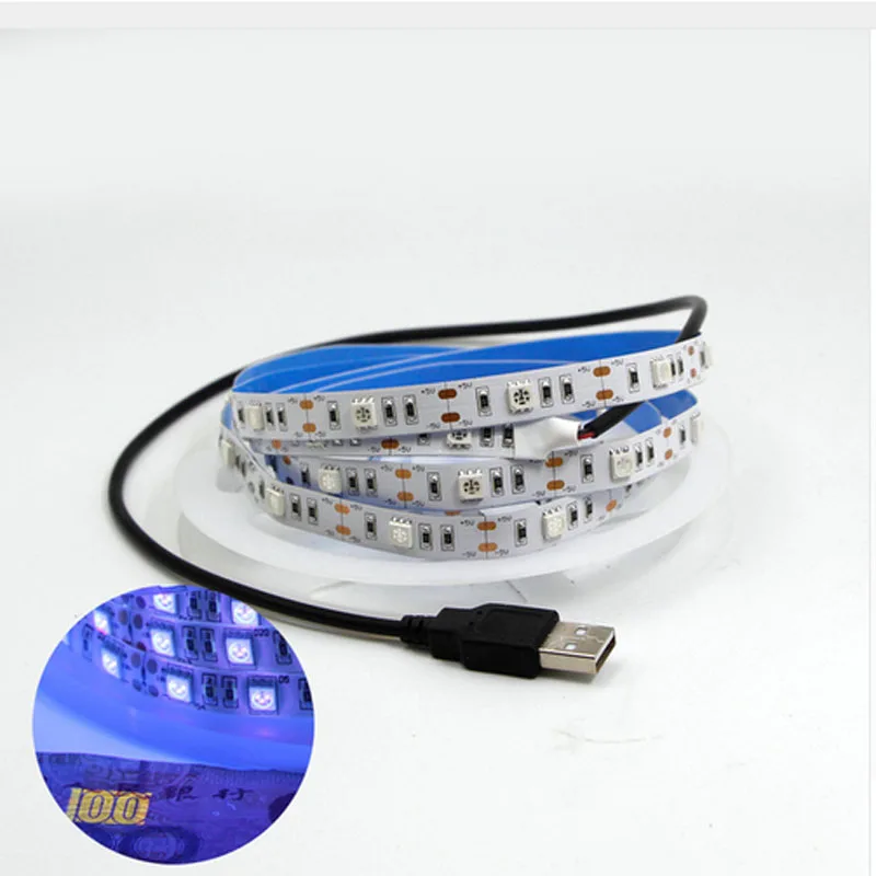 USB 5V УФ светодиодная лента светильник 395-405nm Ультрафиолетовый 5050 SMD 30 светодиодов/м