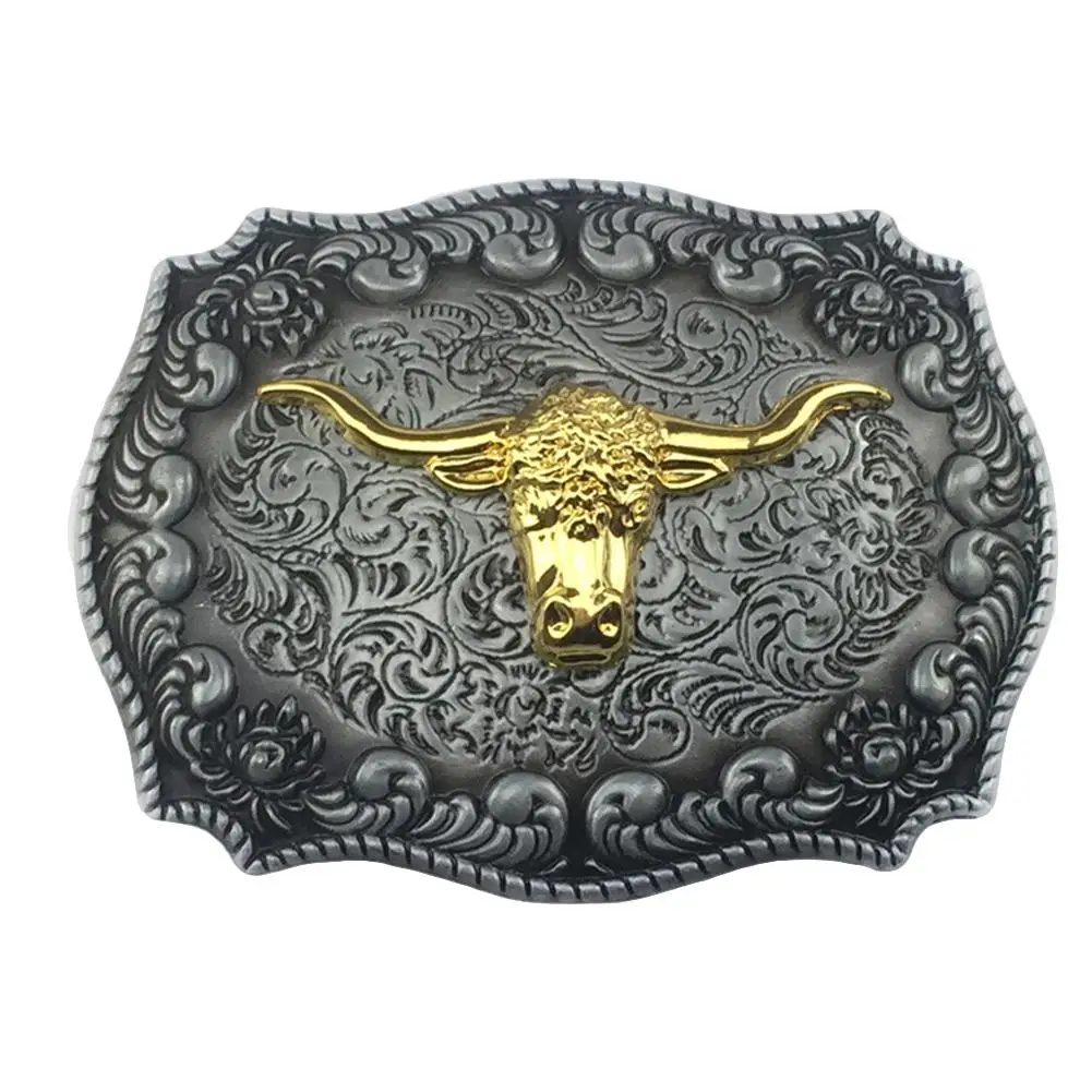 

New Fashion Cool Golden Buckle Belt Vintage Western Cowboy Golden Long Horn Bull Head Floral Zinc Alloy Belt Buckle