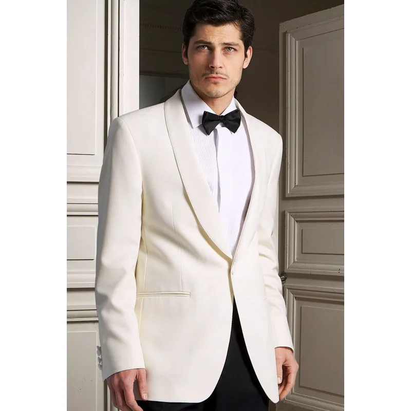 

New Fashion Ivory Satin Shawl Lapel Groom Tuxedos Wedding Suits For Men 3 pieces Groom Suits ( jacket+Pants)