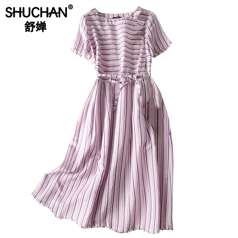 

Shuchan Natural Silk and Cotton Striped Short Sleeve Midi Dress for Work Casual Vestidos Largos De Verano Women Clothes A0597