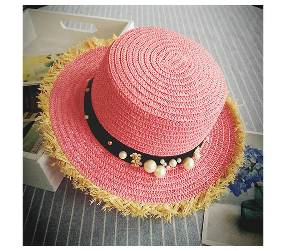 URDIAMOND модная Солнцезащитная шляпка для Для женщин пляжные круглая шляпа бахрома соломы жемчужина заклепки Леди зонтик Отдых Солнце Шляпа Сомбреро para el sol