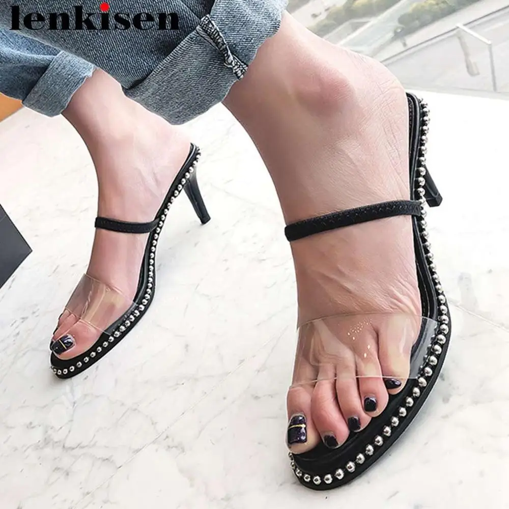 

Lenkisen transparent pvc material slip on stiletto high heels peep toe beading decoration peep toe nightclub women sandals L32