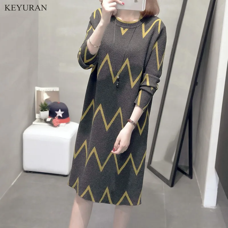

Women Spring New Casual Long Sleeve Plus Size Sweater Dress Fashion Wave Pattern Knitted Oversize Pullovers Dresses XL-3XL L1807
