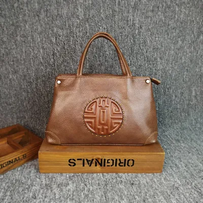 Nuleez, большая сумка, женская сумка, настоящая воловья кожа, китайский винтажный стиль, рисунок в виде лунного торта, тисненая, для офиса, женская мода, сумки-мессенджеры - Цвет: brown