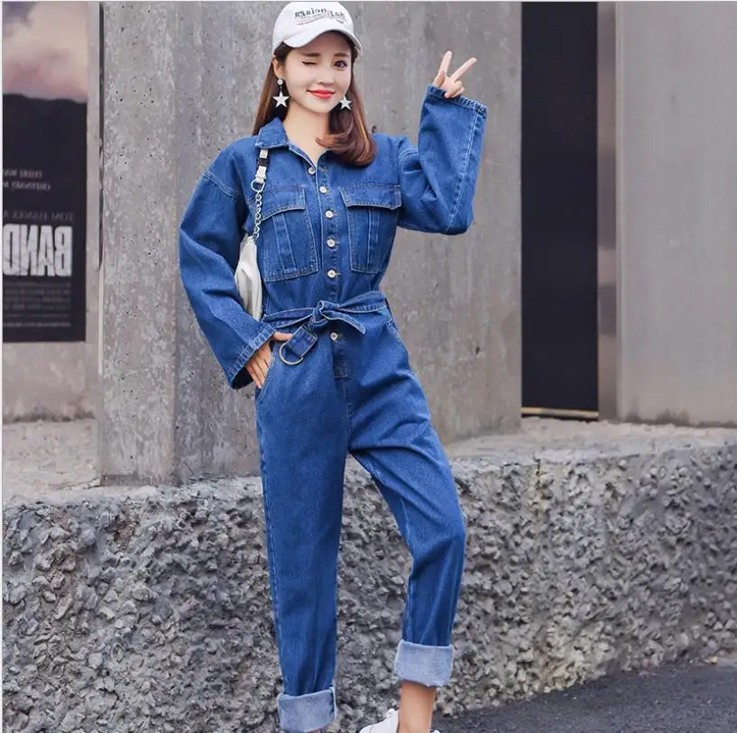 

Newest Womens Spring Autumn Long Sleeve Rompers High Waist Jeans Bodycon Romper Wide Leg Female Fashion Jeans Jumpsuits J2957