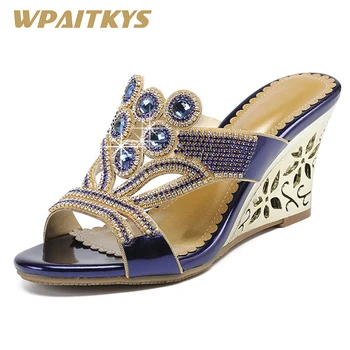 

2018 New Golden Purple Blue Women's Rhinestone High-heeled Sandals Crystal Metal Decoration Leather Fashion Shoes Women Wedding