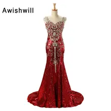 На заказ роскошное Красное длинное платье с блестками Robe de Soiree Femme v-образным вырезом Кристалл платье-Русалка с бисером Длинные вечерние платья Дубай вечерние платья