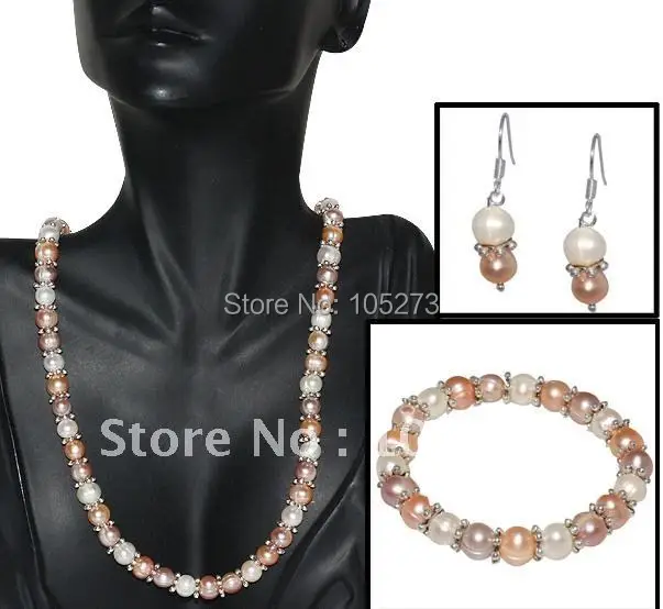 

Pink Peach And White Freshwater Pearl Necklace Earrings Bracelet Set AA7-8MM 18inch Fashion Girl's Women's Jewelry Free Shipping