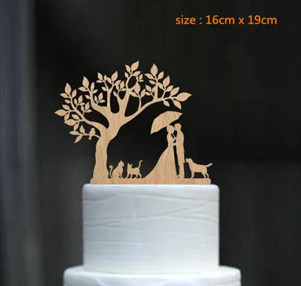 Mixed Style Bride and Groom with Dog and Cat Silhouette Tree Wedding Engagement Cake Topper Rustic Wood free shipping