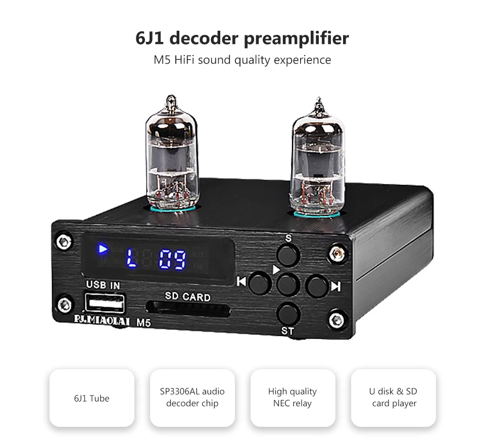 PJ. MIAOLAI HIFI 6J1 ламповый предусилитель MP3 без потерь Музыкальный плеер декодер электронный ламповый аудио предусилитель для домашнего звукового усилителя