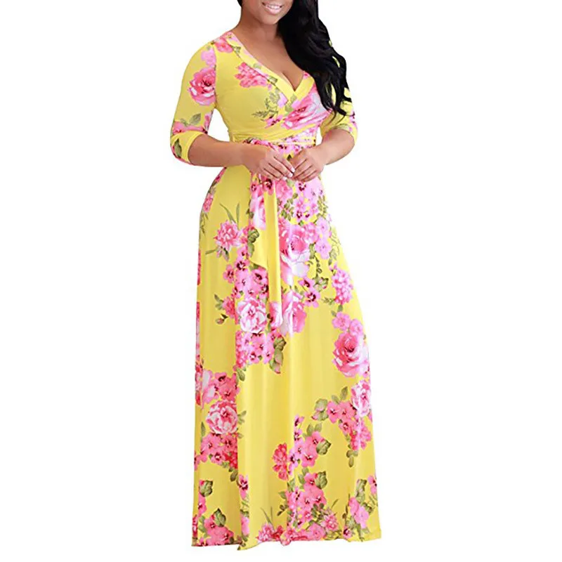 

Plus Size S-5XL Elegant Women Robe Summer Printed Maxi Dress Fashion Sexy Boho Dress Tighten Waist Long Dresses