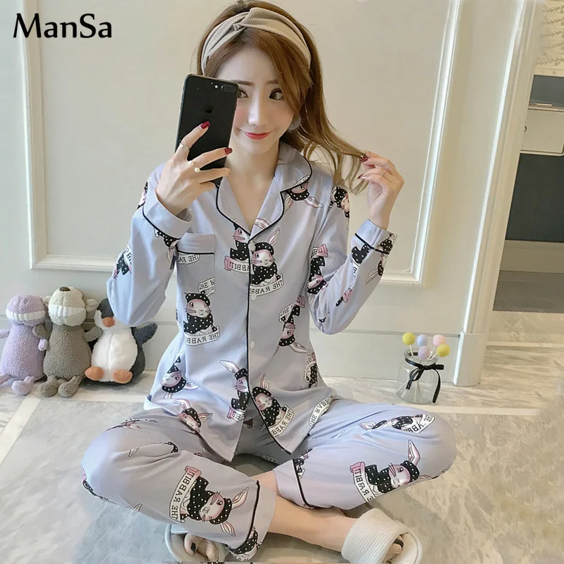 

spring autumn New Women Pajamas Long Tops Set Female Pajama Sets cartoon print NightSuit Sleepwear Women pijama mujer Home Wear