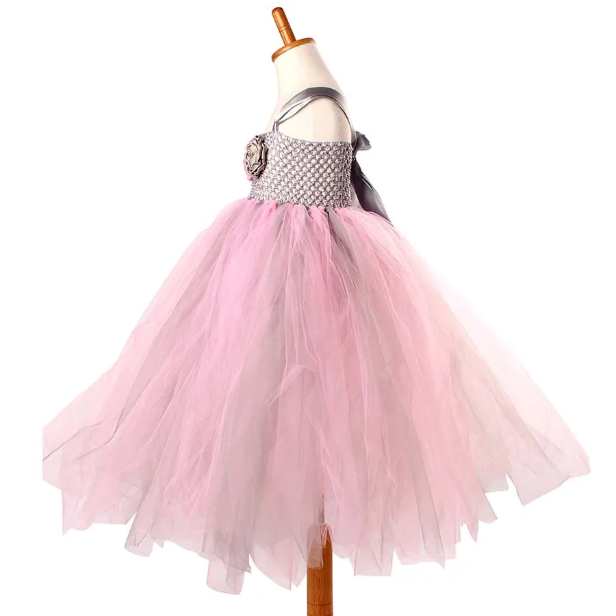 Princess Pink and Grey Flowers Tutu Dress with headband Girls Formal Wedding (4)